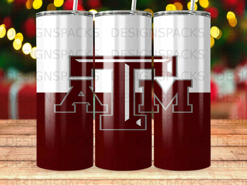 Texas A&M Aggies tumbler with repeating "DesignsPacks" watermark.