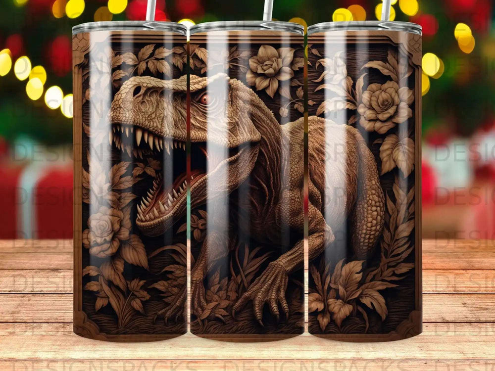 T-Rex dinosaur skull with floral and wood grain background pattern.