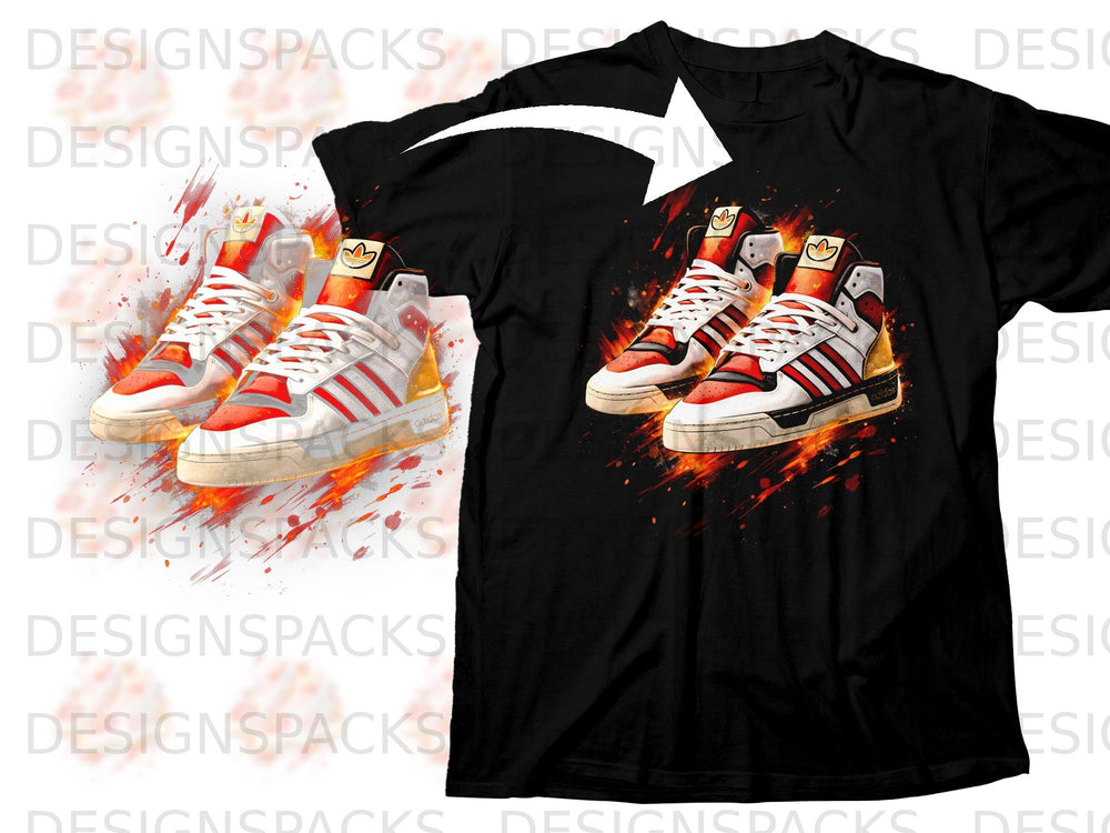 Black t-shirt with an artistic graphic of red and white Adidas high-top sneakers on fire.