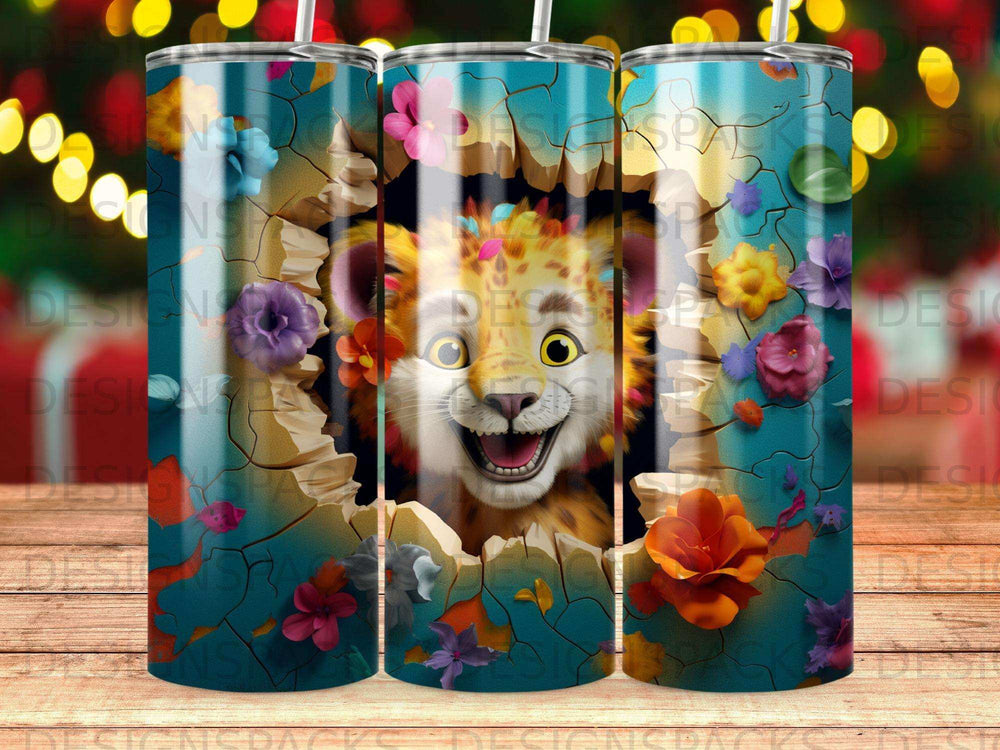 Leopard bursts through a floral cracked wall with a playful expression.