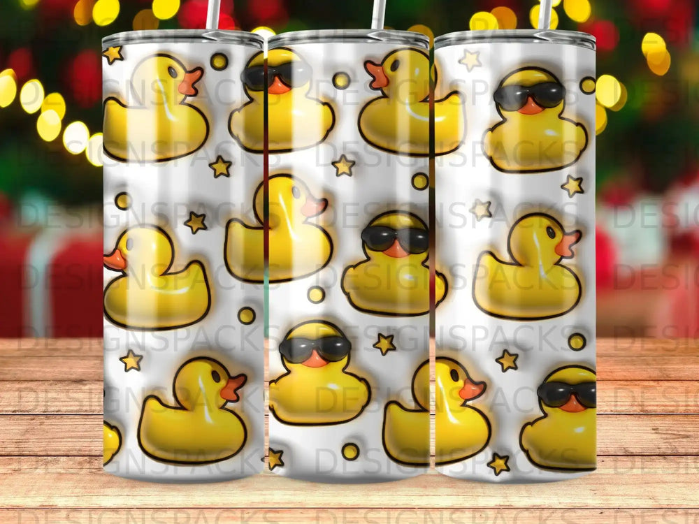 Yellow rubber ducks with sunglasses on a patterned background.