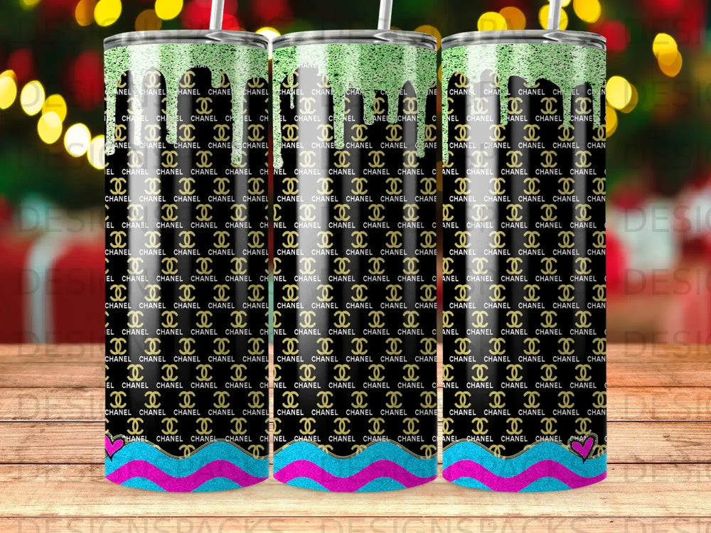 Tumbler with repeating Chanel logo pattern and glitter accents.