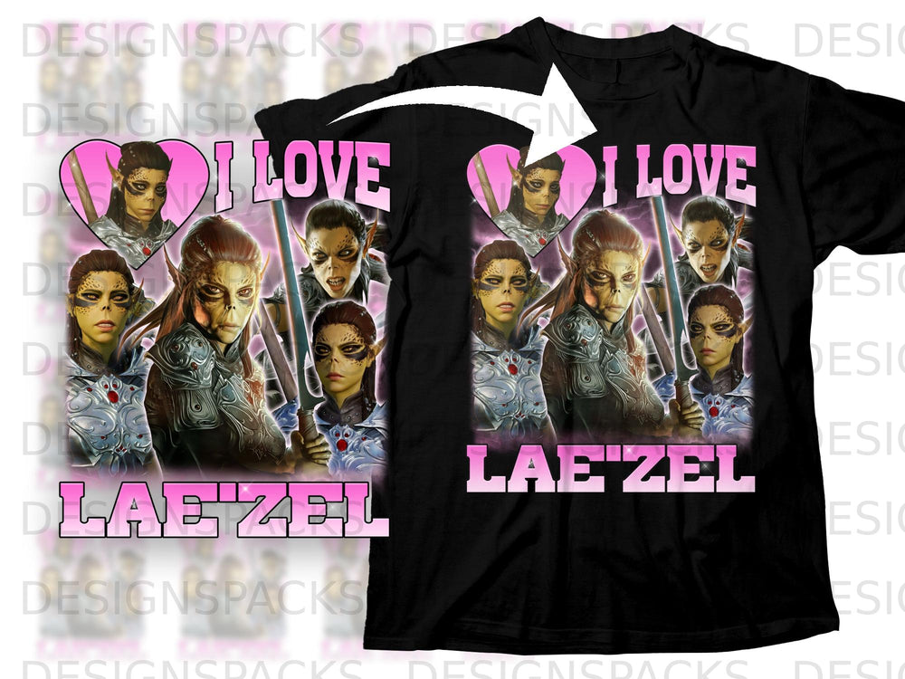 Black t-shirt featuring "I Love Lae'zel" text with multiple images of the character.