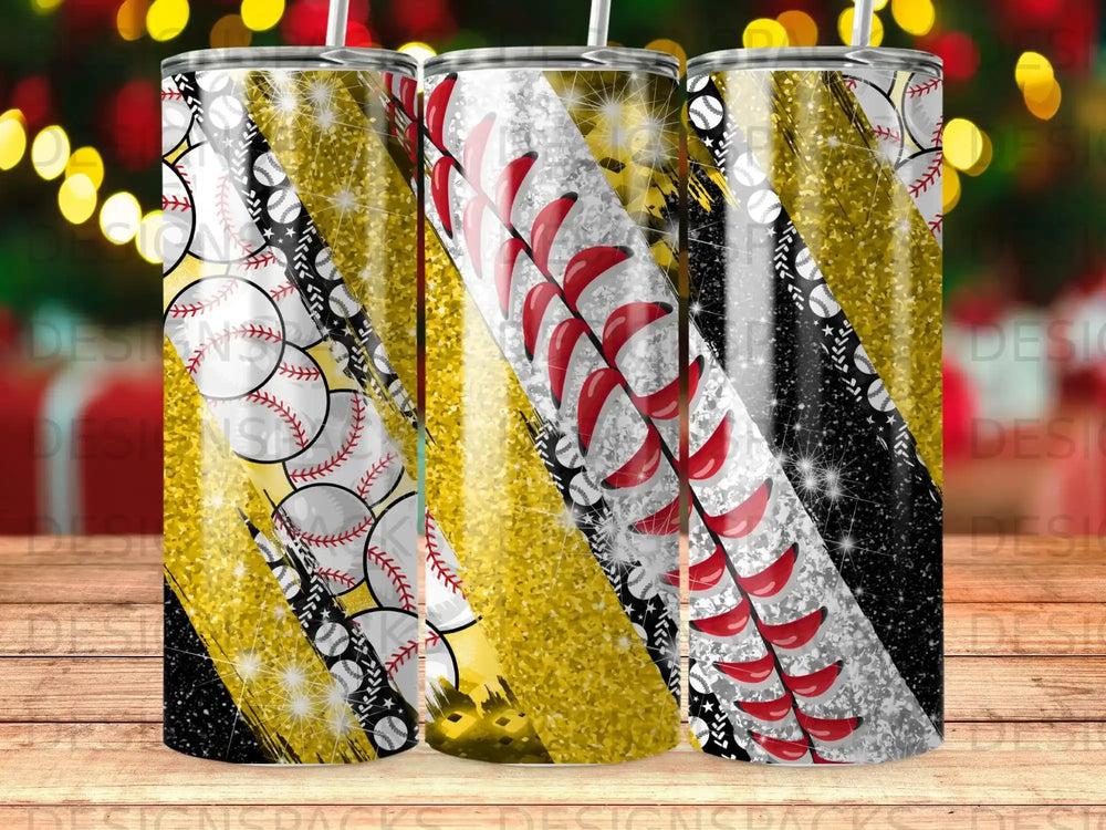 Three tumblers with baseball, glitter, and black stripe patterns.