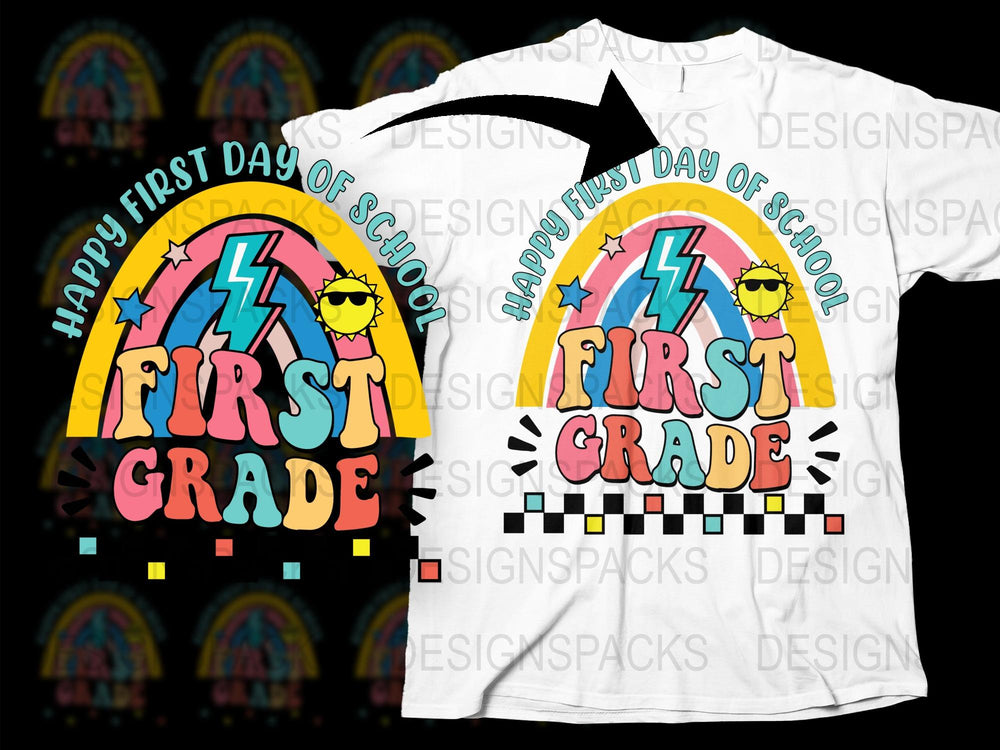Happy First Day of School First Grade T-Shirt, Colorful Rainbow Graphic Tee for Kids, Back to School Outfit