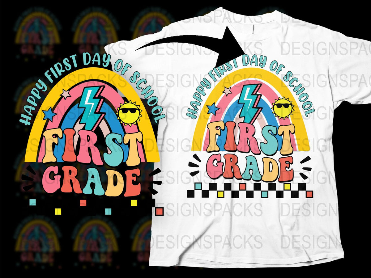 Happy First Day of School First Grade T-Shirt, Colorful Rainbow Graphic Tee for Kids, Back to School Outfit