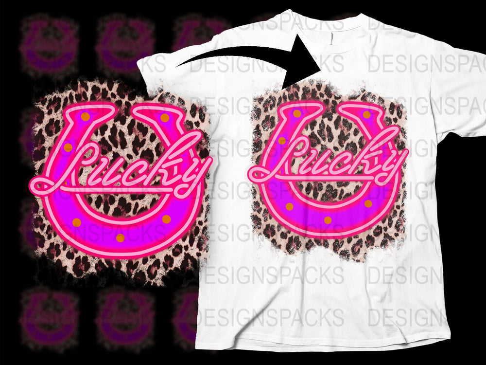 Lucky Neon Pink Logo T-Shirt, Leopard Print, Trendy Graphic Tee, Casual Streetwear, Bold Statement Top