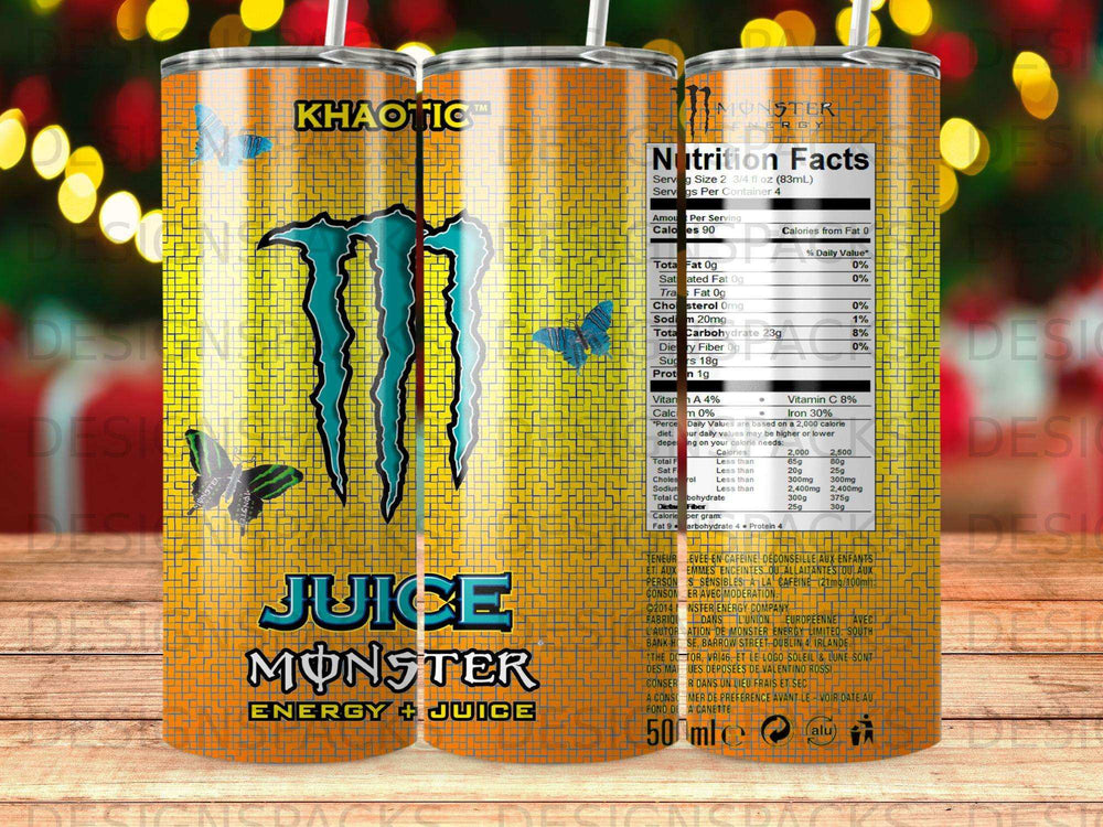 Monster Energy Juice Khaotic can with nutrition facts and ingredient list.