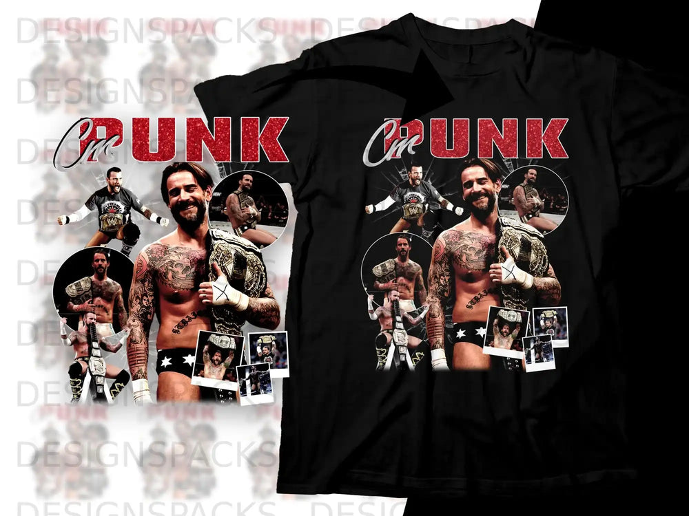 CM Punk with championship belts and action photos on a black t-shirt.