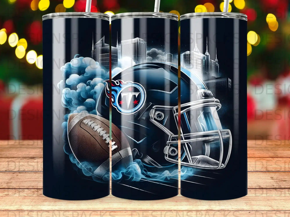 Tennessee Titans helmet with football and city skyline background.
