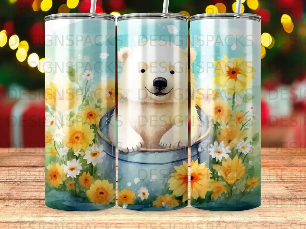 Polar bear in blue bucket with yellow flowers and green leaves.