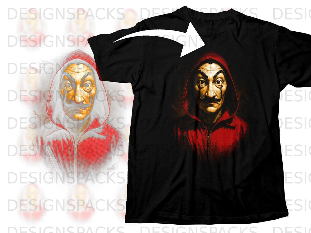 Black t-shirt featuring the iconic mask and red jumpsuit from Money Heist.