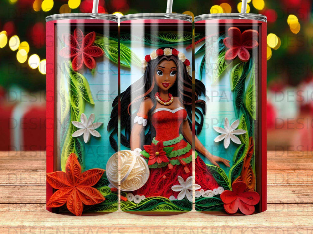 Moana in red dress with flower lei and paper craft flowers.