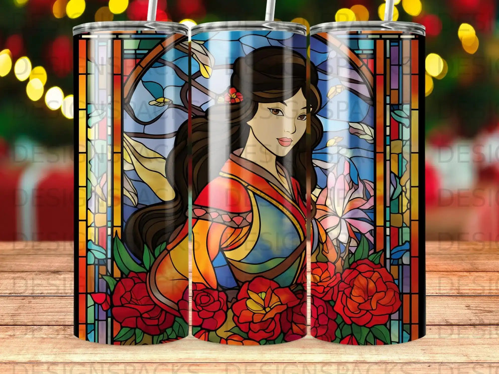 Woman with stained glass floral background on tumbler.