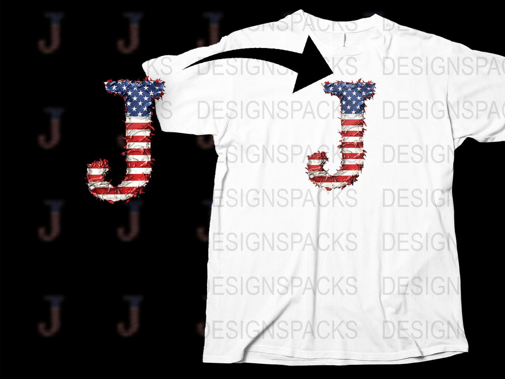 Patriotic Letter J T-Shirt, American Flag Print, USA Alphabet Tee, Unisex Casual Top, Independence Day Outfit, Gift for Him
