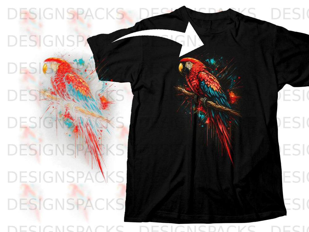 Black t-shirt with a colorful macaws perched on a branch, watercolor splatter effect.
