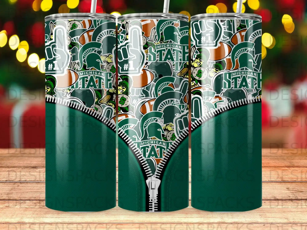 Michigan State Spartans themed tumbler with a zipper design and the number 1 foam finger.