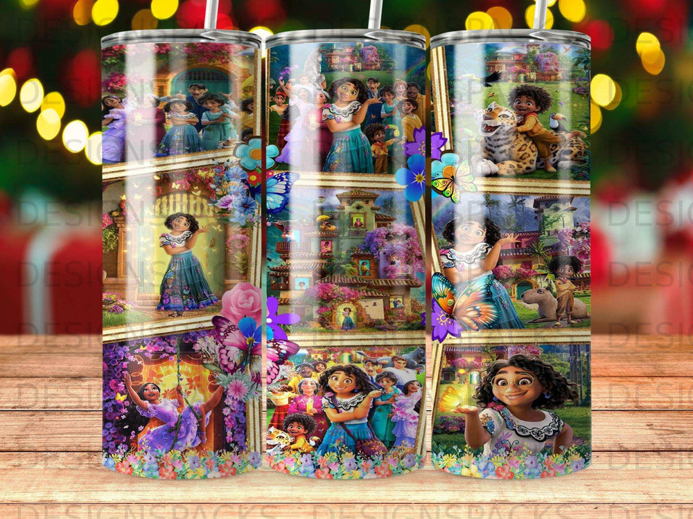 Encanto characters Mirabel and Luisa in colorful scenes with butterflies and flowers.