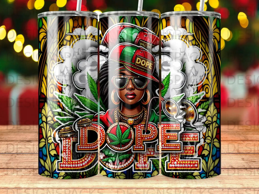 Dope lettering on a tumbler with a woman wearing a hat and sunglasses.