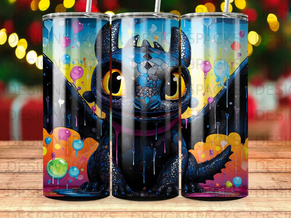 Toothless dragon with colorful bubbles and bokeh lights.