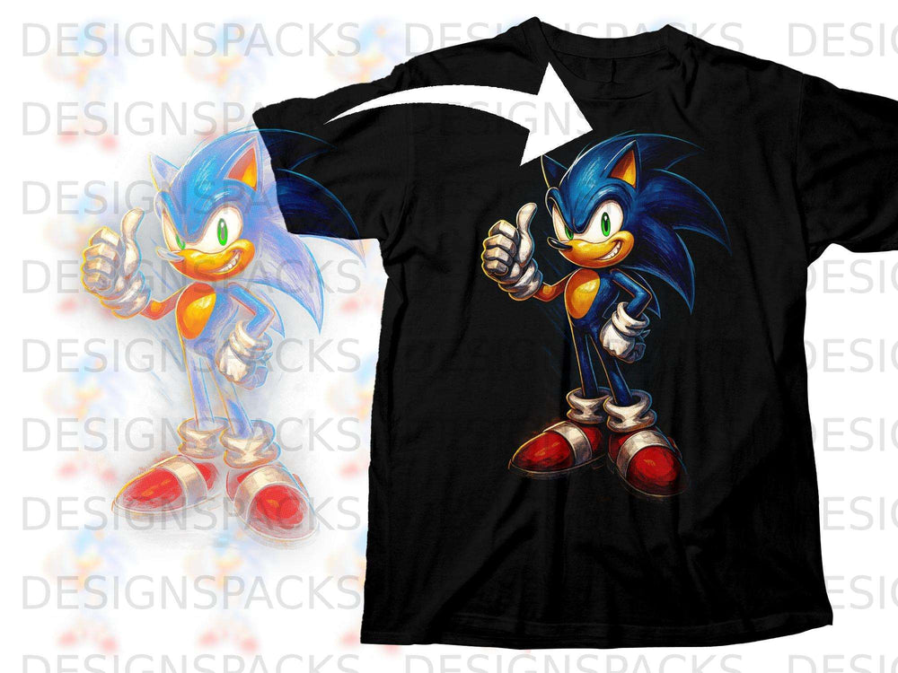 Sonic the Hedgehog giving a thumbs up on a black t-shirt.