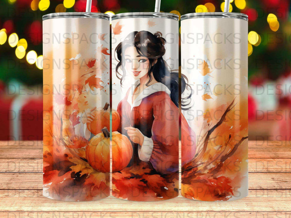 Woman holding pumpkins with autumn leaves watercolor design.