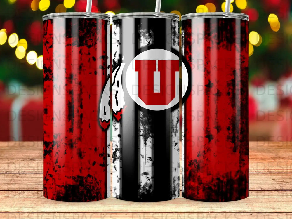 Red and black distressed tumbler with a white "U" logo.