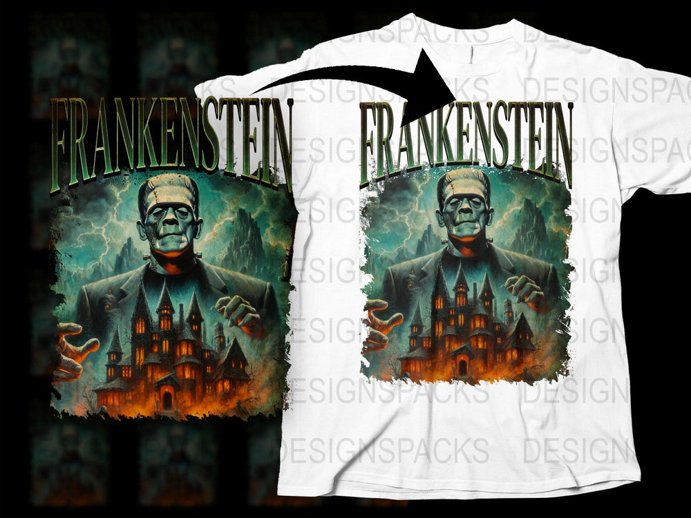 Frankenstein Graphic T-Shirt, Classic Horror Movie Design, Gothic Castle, Spooky Halloween Tee, Full Color Print, Unisex Shirt