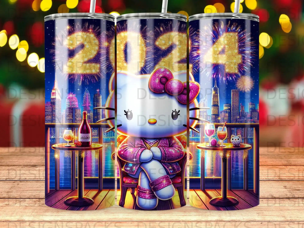 Hello Kitty sits between two tables with drinks, celebrating 2024 with fireworks.