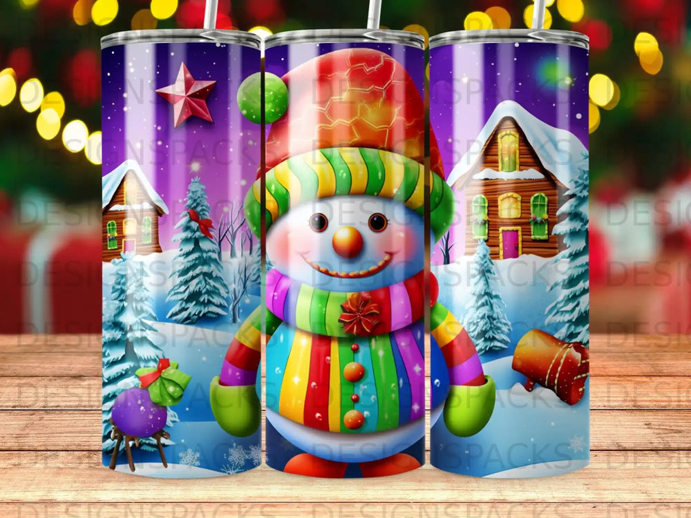 Smiling snowman in striped sweater and hat, with snowy houses and trees background.