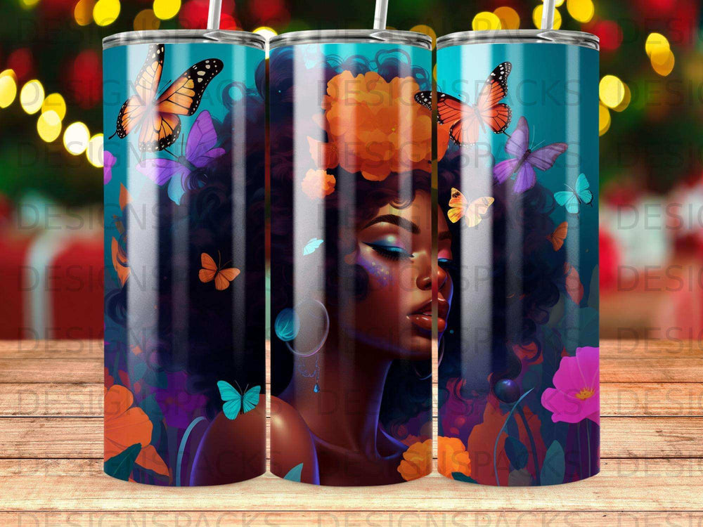 Woman with butterfly-adorned afro and floral accents.