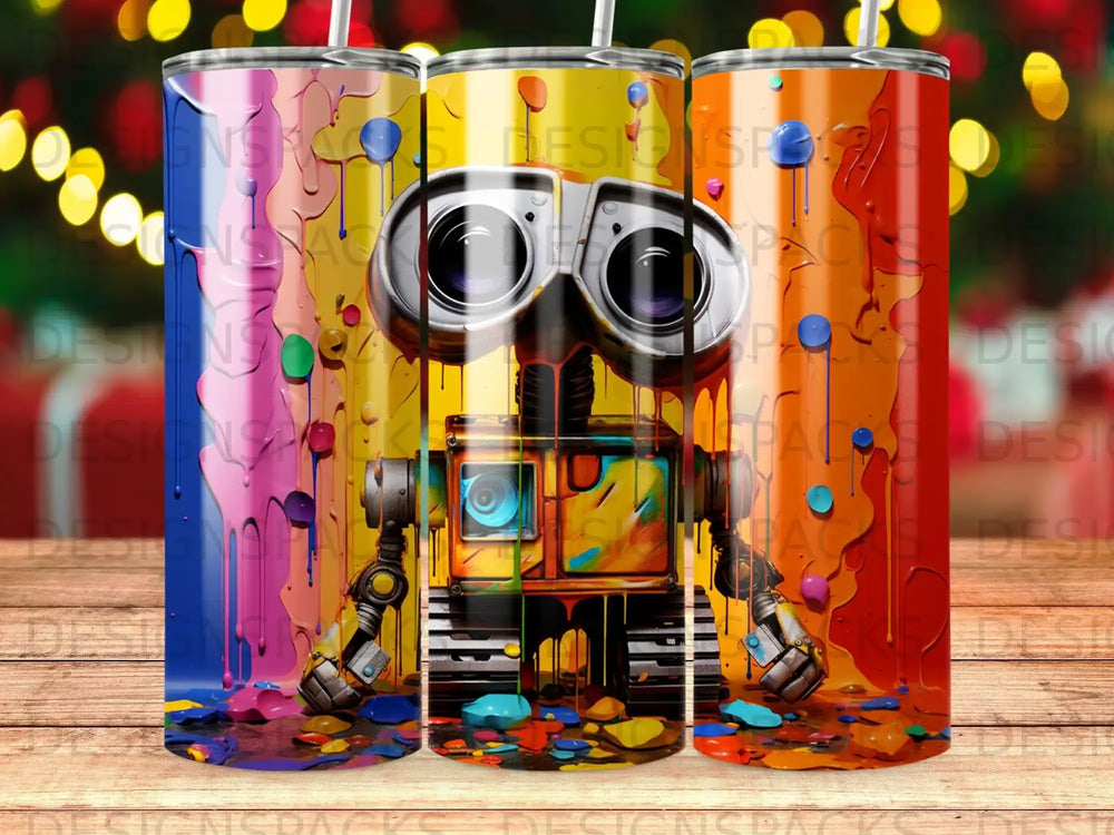 Wall-E robot with colorful paint splatters on three tumblers.