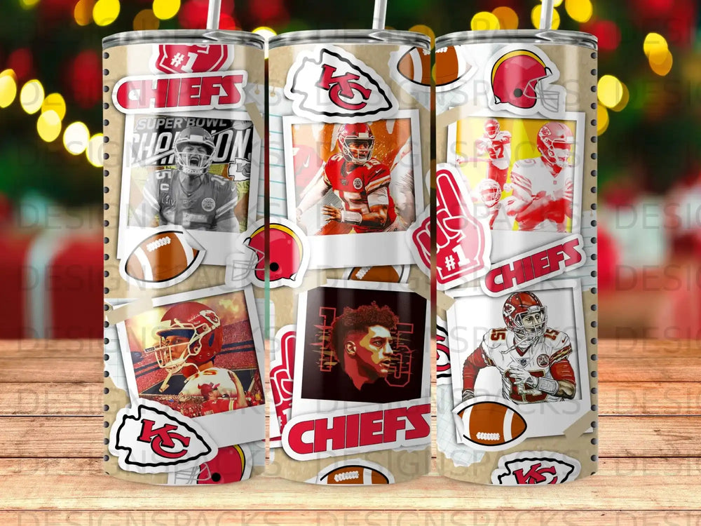 Kansas City Chiefs Super Bowl tumbler with player images and logos.