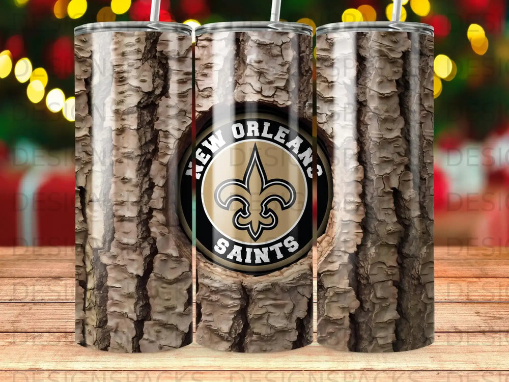 New Orleans Saints logo on a distressed wood grain tumbler.