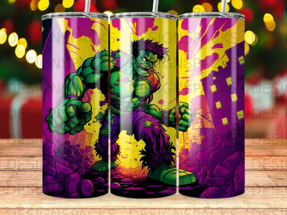 Hulk smashing through a destroyed city with yellow and purple background.
