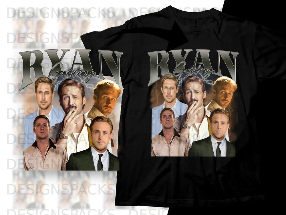Ryan Gosling collage on a black t-shirt.