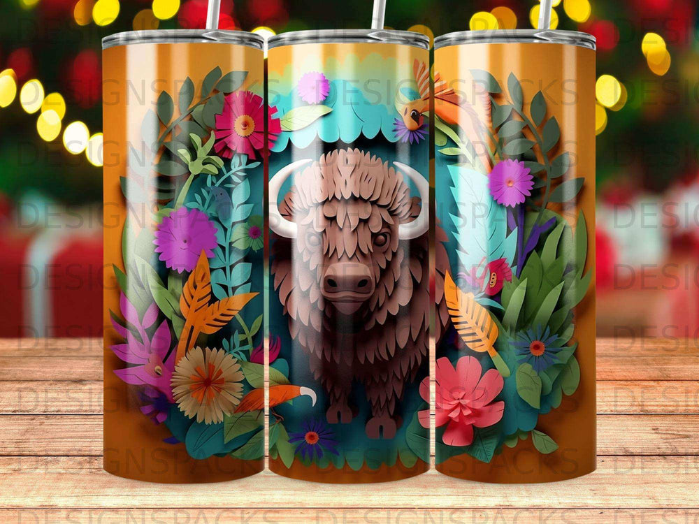 Tumbler with a buffalo and colorful floral and foliage design.