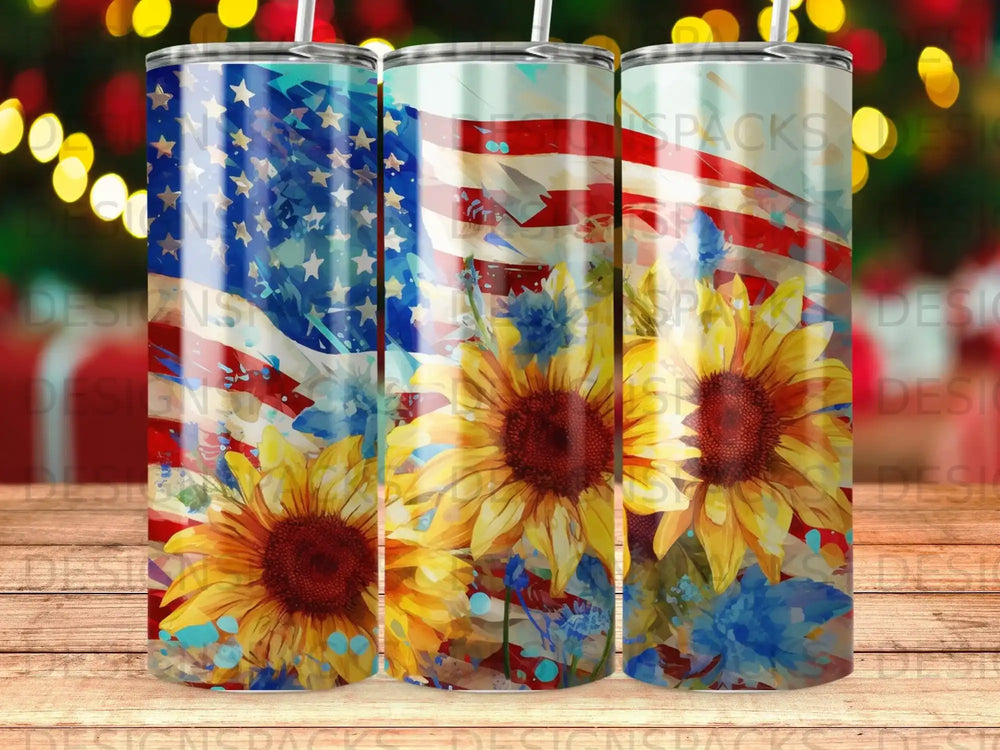 American flag and sunflowers on a skinny tumbler.