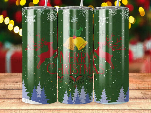 Christmas tumbler with reindeer, bells, snowflakes, and green trees.