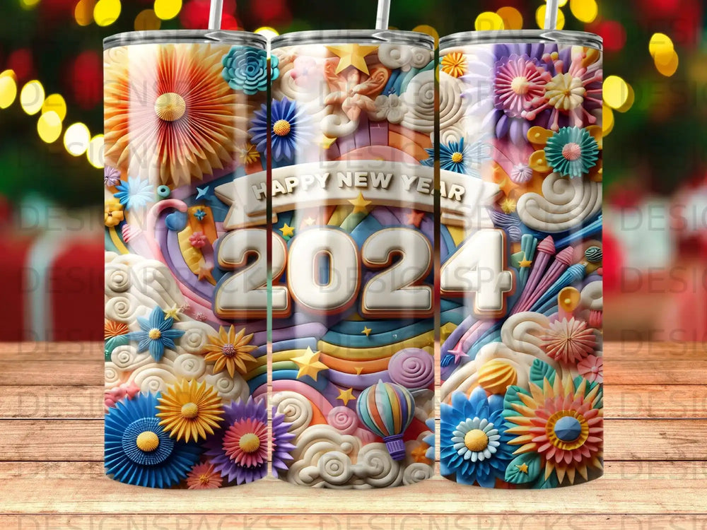 Happy New Year 2024 tumbler with colorful floral and festive decorations.