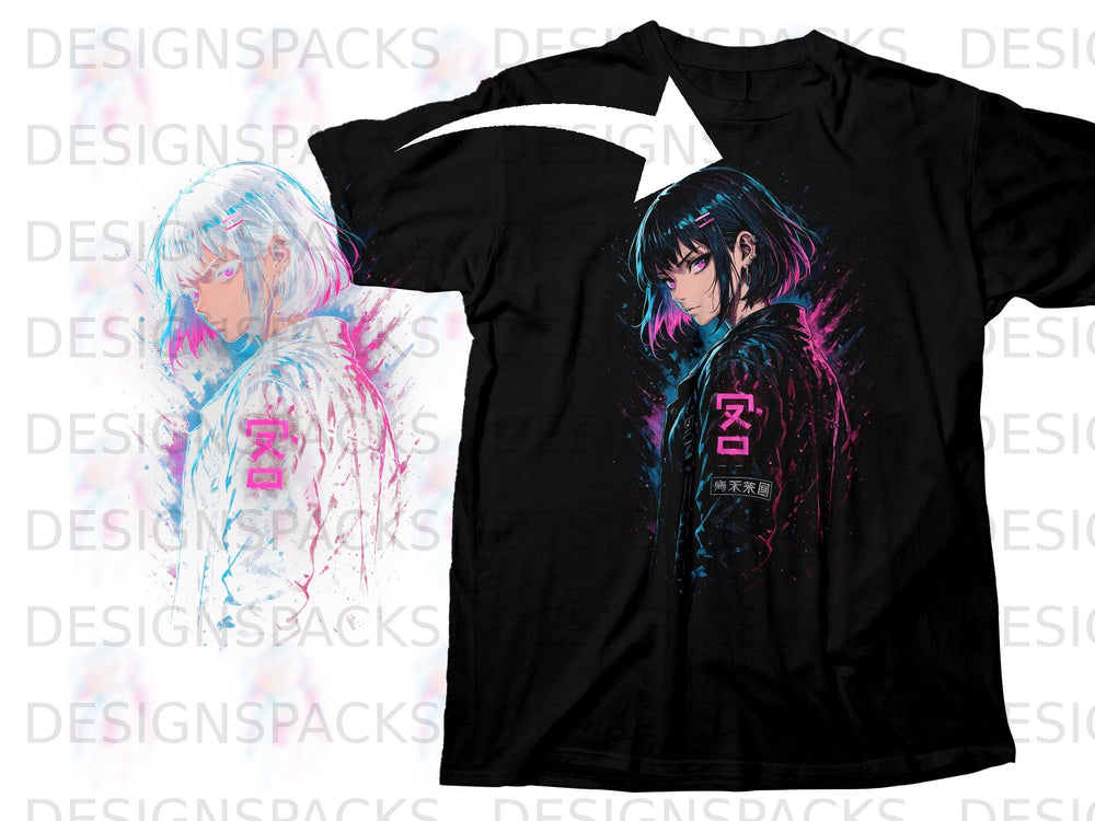 Black t-shirt with anime design of a woman with pink and blue accents and Japanese text.