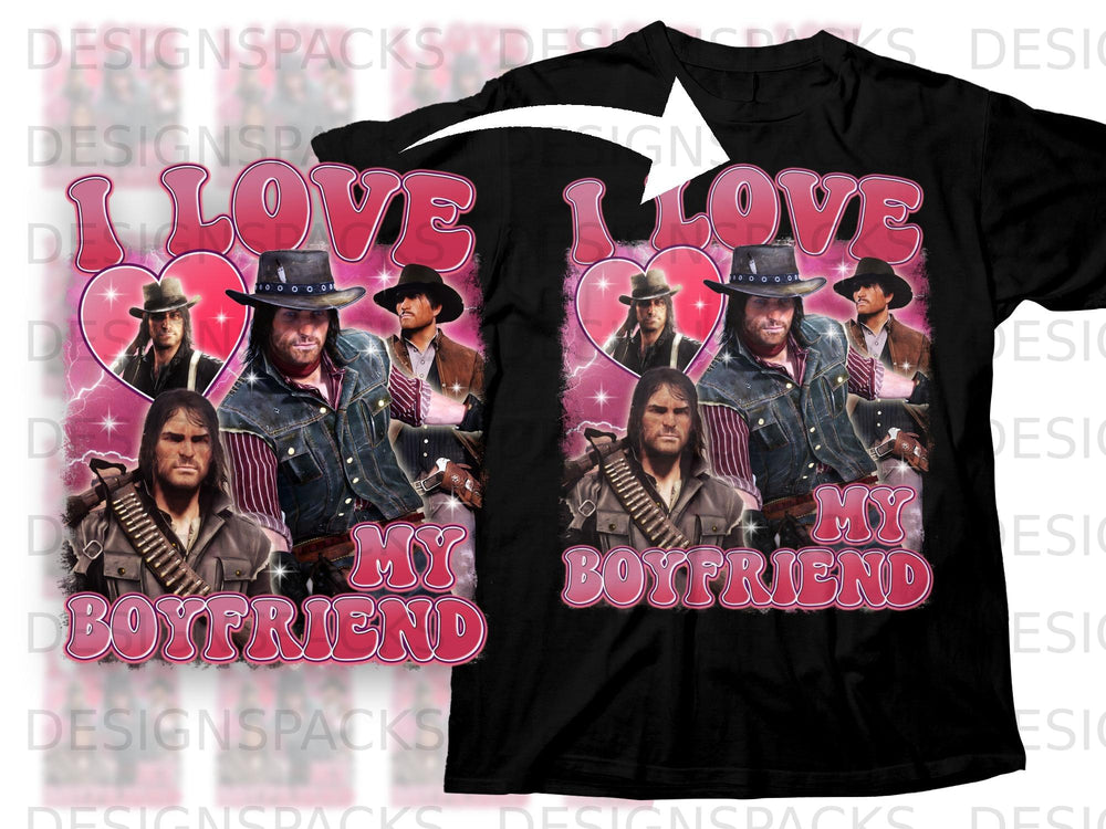 "I Love My Boyfriend" graphic on a black t-shirt with cowboy-style men.