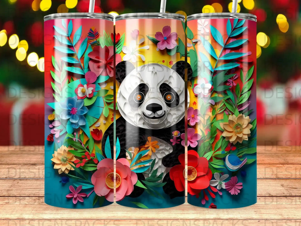Panda surrounded by colorful flowers and leaves on a cylindrical tumbler.