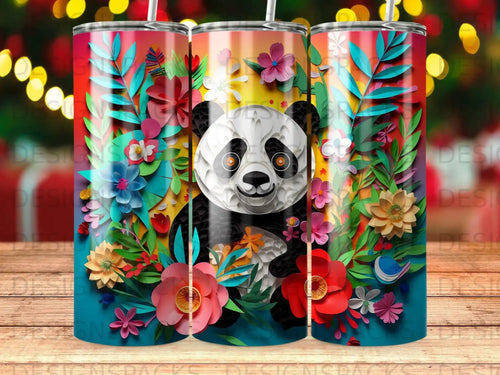 Panda surrounded by colorful flowers and leaves on a cylindrical tumbler.