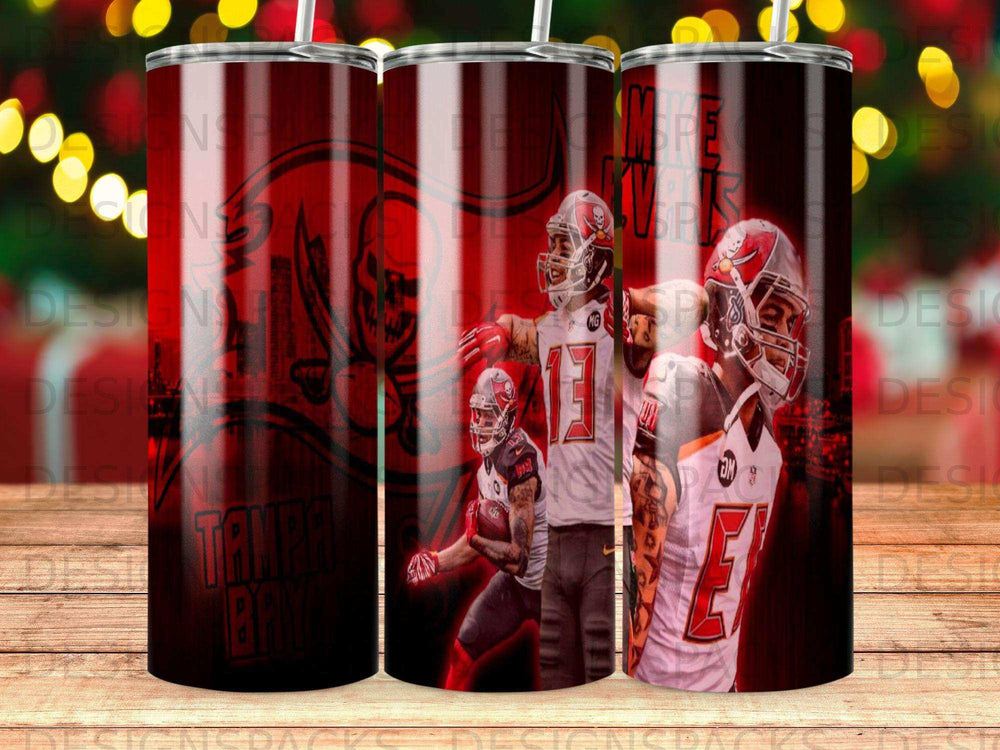 Tampa Bay Buccaneers player Tom Brady in uniform on a red background.
