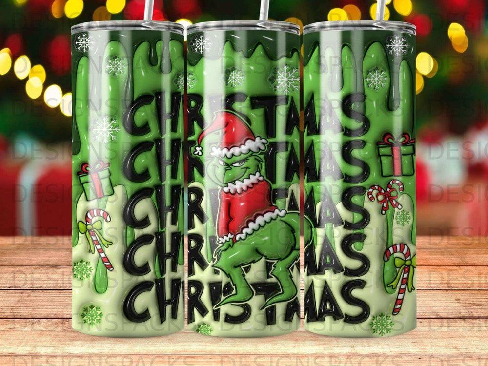 Grinch character in Santa hat on a green Christmas tumbler with red ribbon.