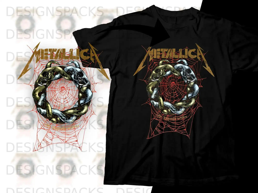 Black Metallica t-shirt with a gold skull and chain graphic and text.