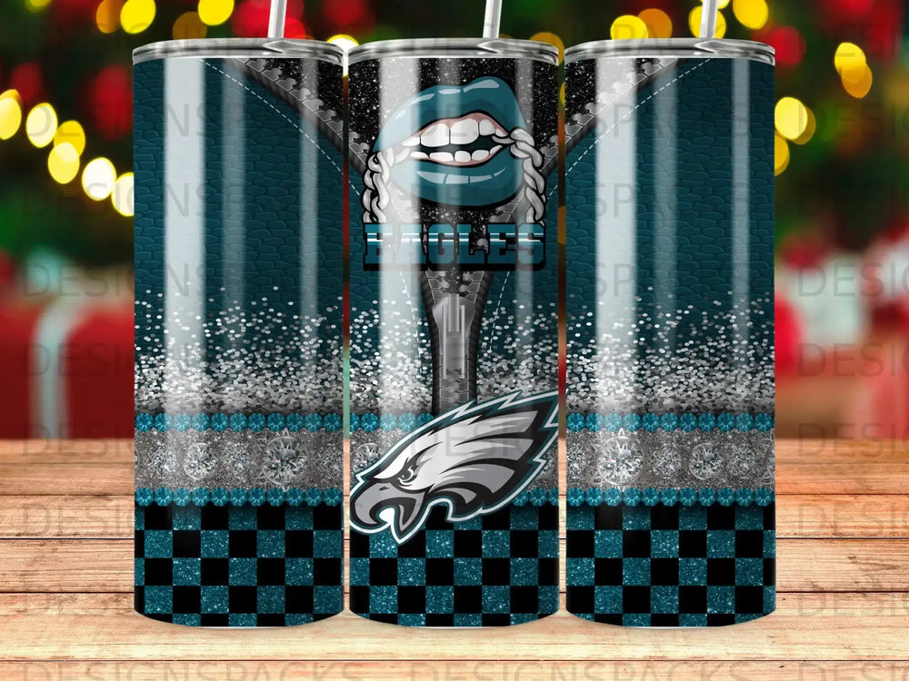 Philadelphia Eagles logo with teal, silver glitter, and black checkerboard pattern.
