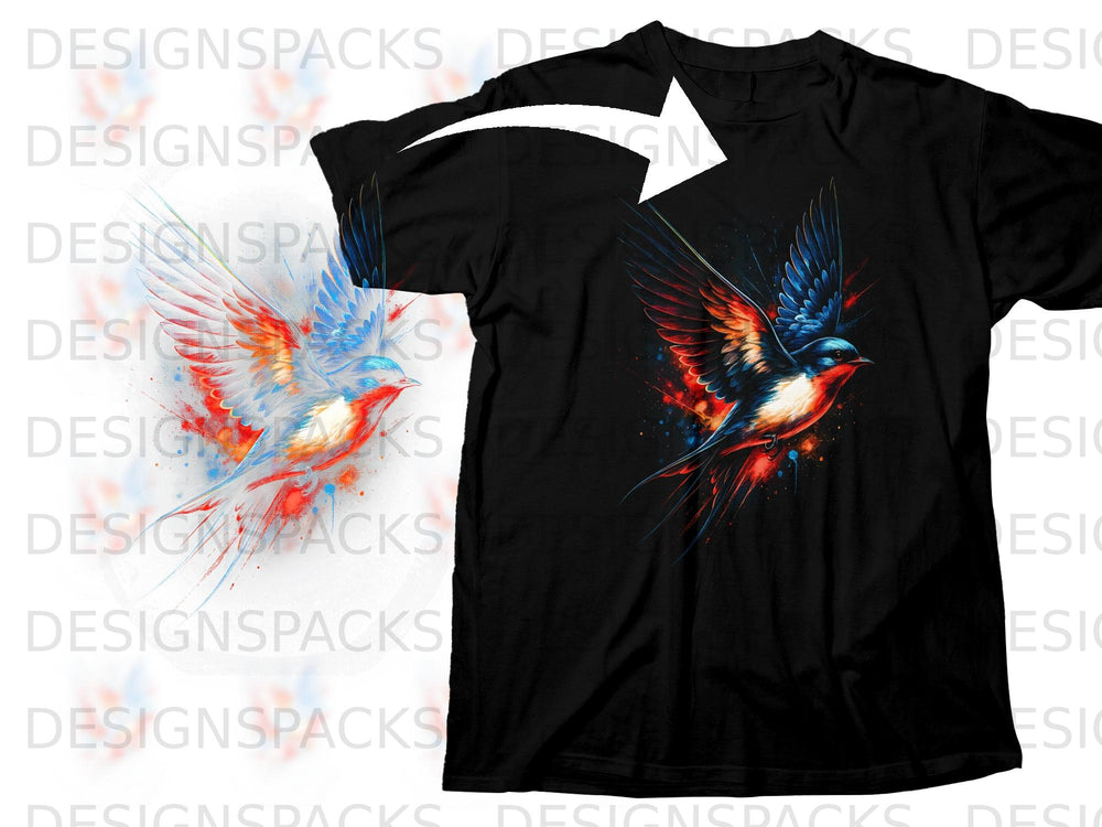 Black t-shirt featuring a colorful watercolor bird design with red, blue, and white accents.