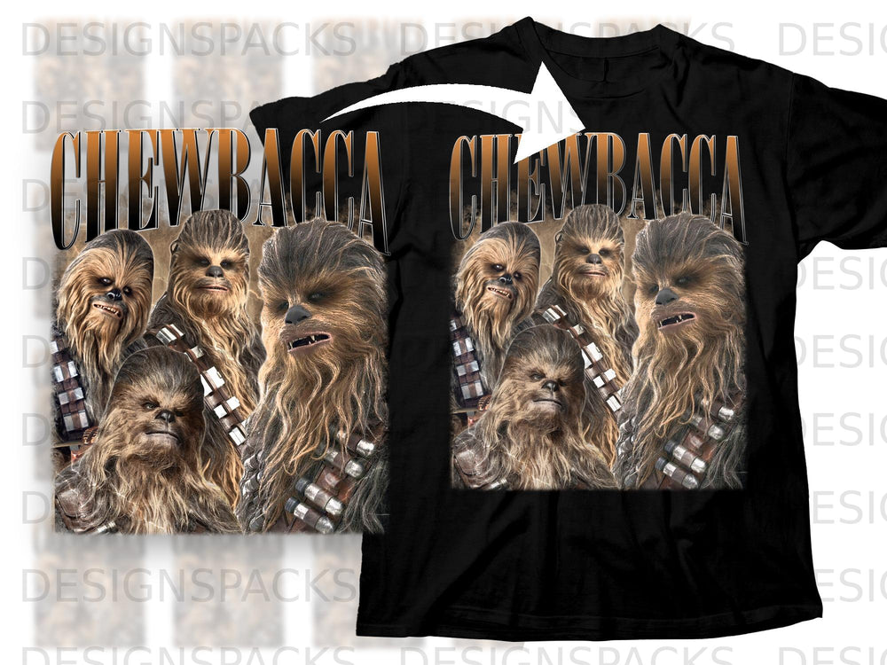 Chewbacca graphic on black t-shirt with multiple Chewbacca faces and title.